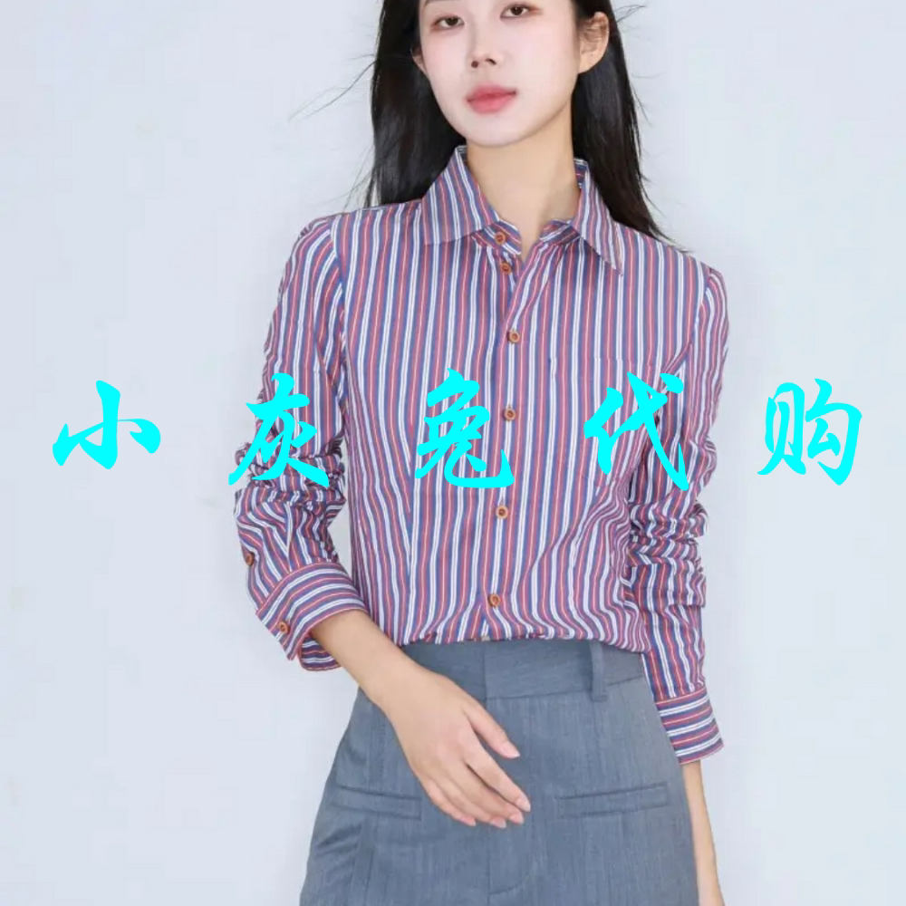 小灰兔代购2025秋新款束条纹翻领修身长袖衬衫530022-1P29235