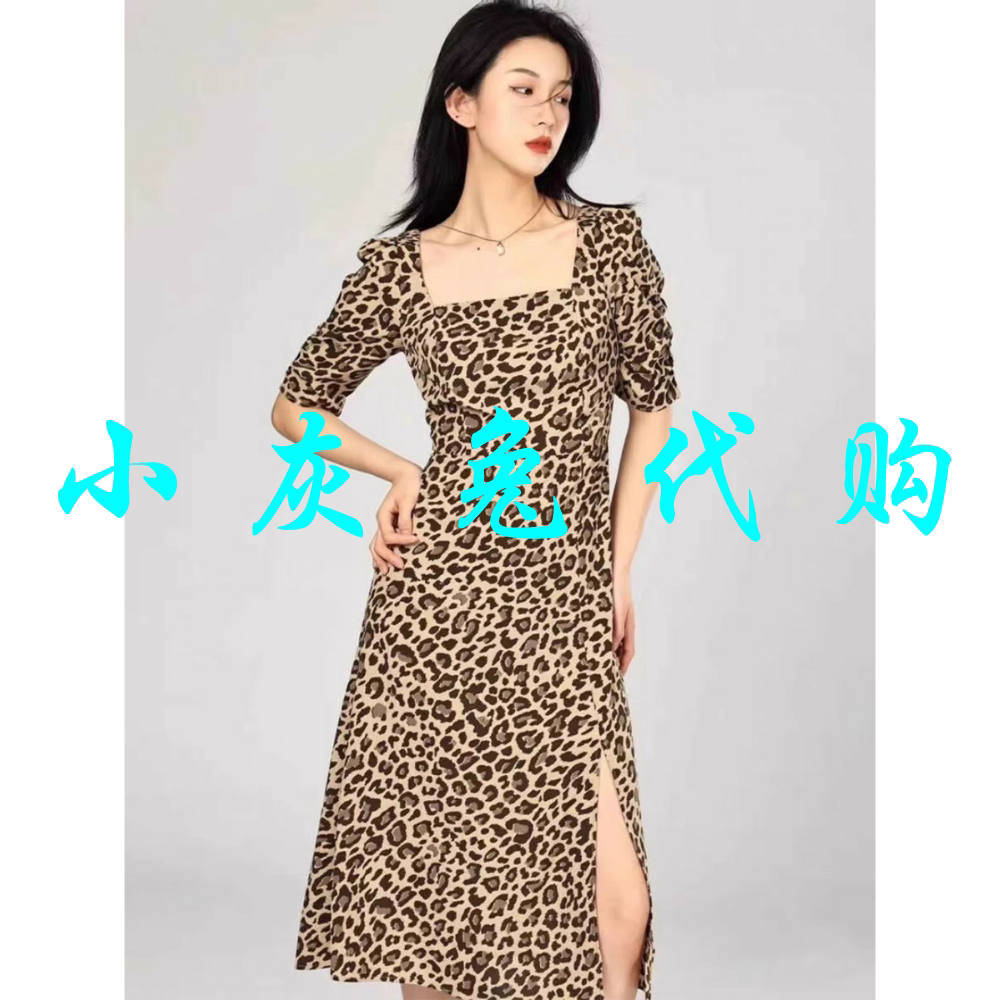 小灰兔代购2025夏新款方领复古碎花五分袖开叉连衣裙5500406