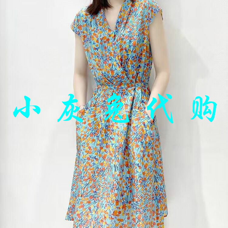 小灰兔2025夏V领系带口袋雪纺碎花连衣裙女1550020