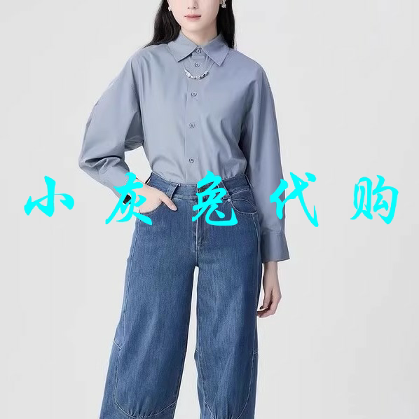 小灰兔代购2025春新款中长宽松复古纯色衬衫5301008-1121231-