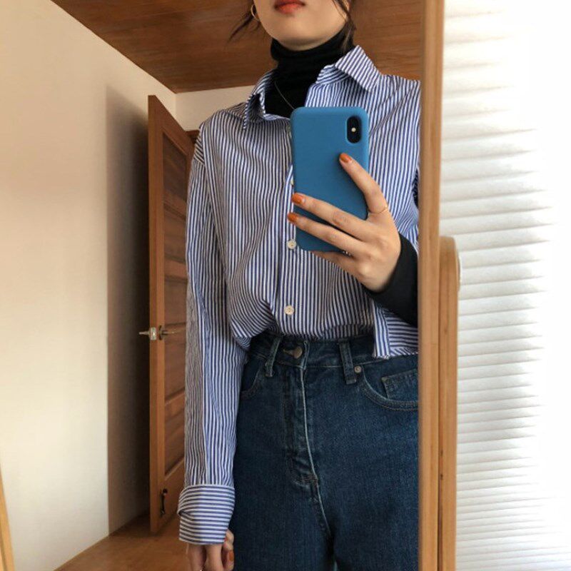 蓝色竖条纹衬衫女设计感小众秋冬新款韩版宽松衬衣叠穿内搭打底衫