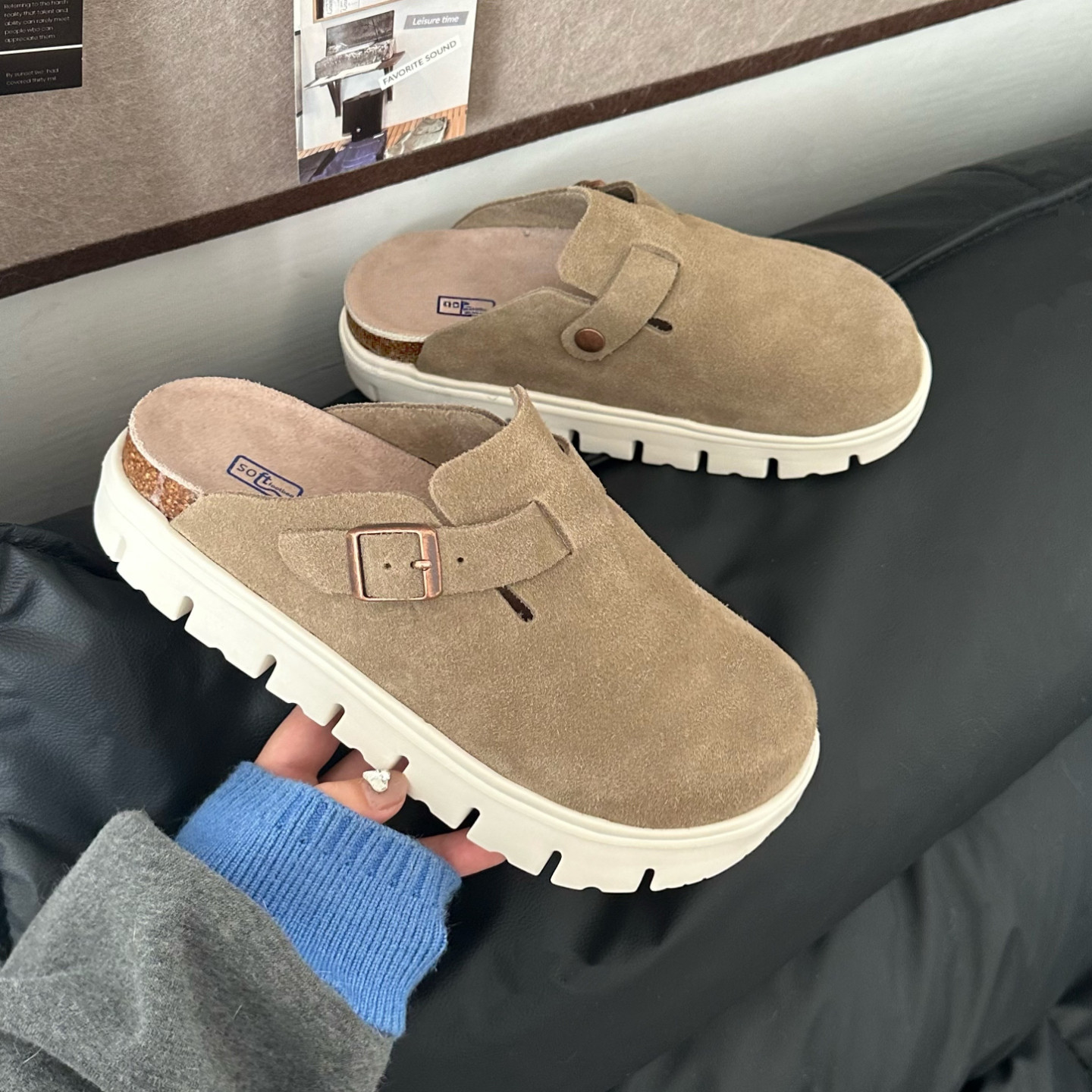 勃肯鞋2026新款厚底包头半拖春夏外穿单鞋女百搭复古真皮软木增高