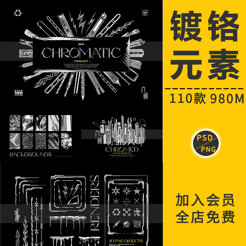 赛博朋克潮流酸性复古镀铬金属链条切割视觉特效海报PSD设计素材