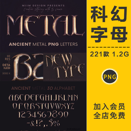 复古未来科幻3D立体金属电影标题字母数字字体特效PNG免抠PS素材