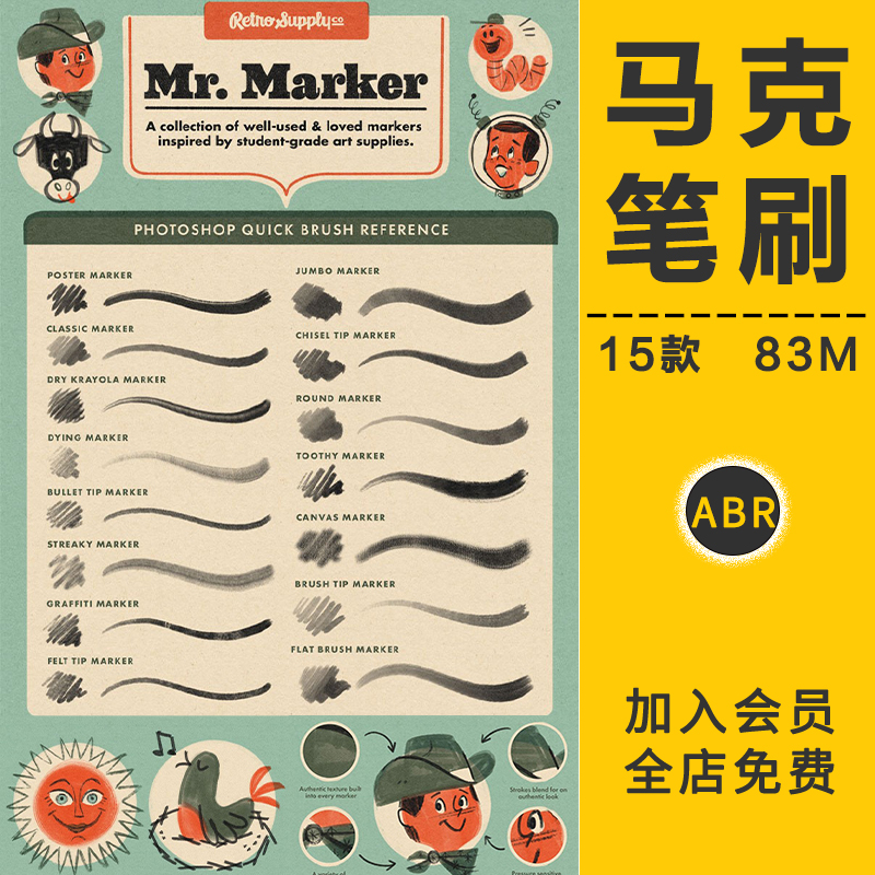 艺术水性马克笔笔刷质感磨损纹理水彩墨水涂鸦经典绘画插画PS素材