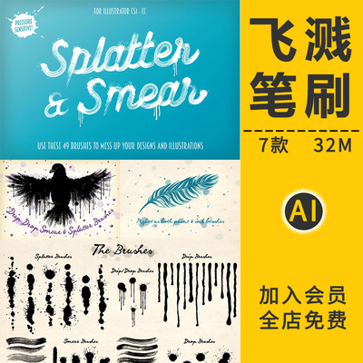 水墨迹泼墨飞溅污迹滴落漏斑点涂抹效果纹理AI矢量画笔刷设计素材