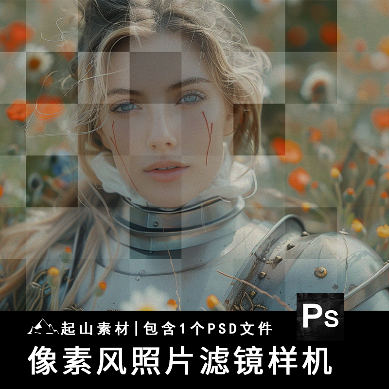 照片图像棋盘方格像素化马赛克模糊特效滤镜样机PSD模板素材