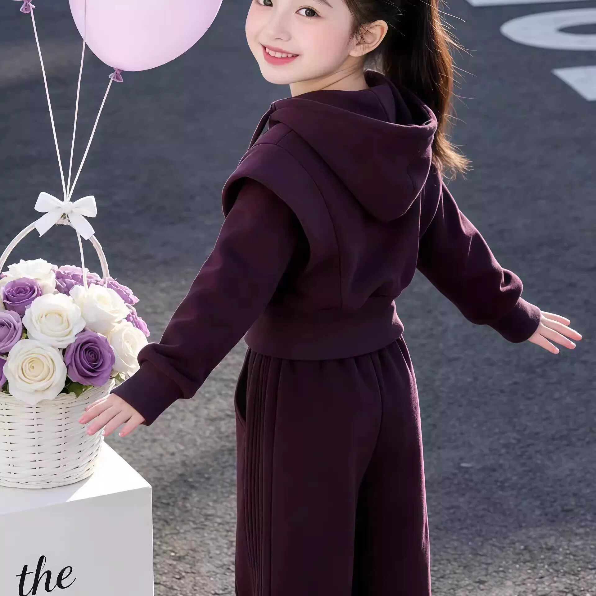 珊沫女童春秋连帽假两件卫衣套装