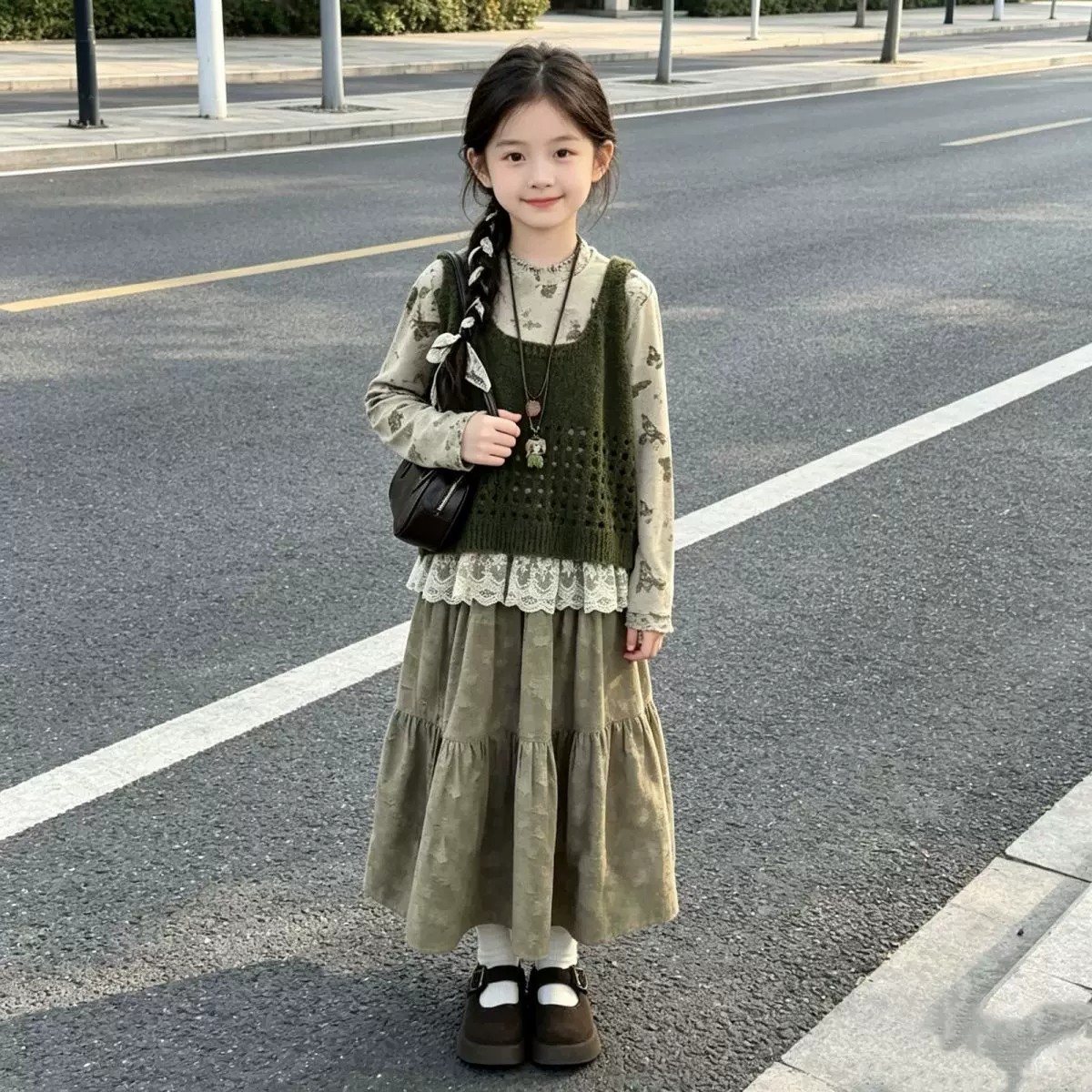 女孩春秋针织马甲半身裙三件套