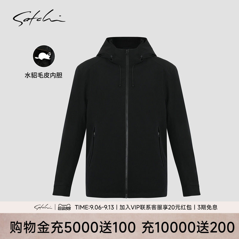 Satchi沙驰青根水貂毛连帽皮草