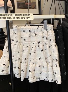 蝴蝶结印花蕾丝白色半身裙女夏季小个子a字裙减龄蛋糕裙黑色短裙