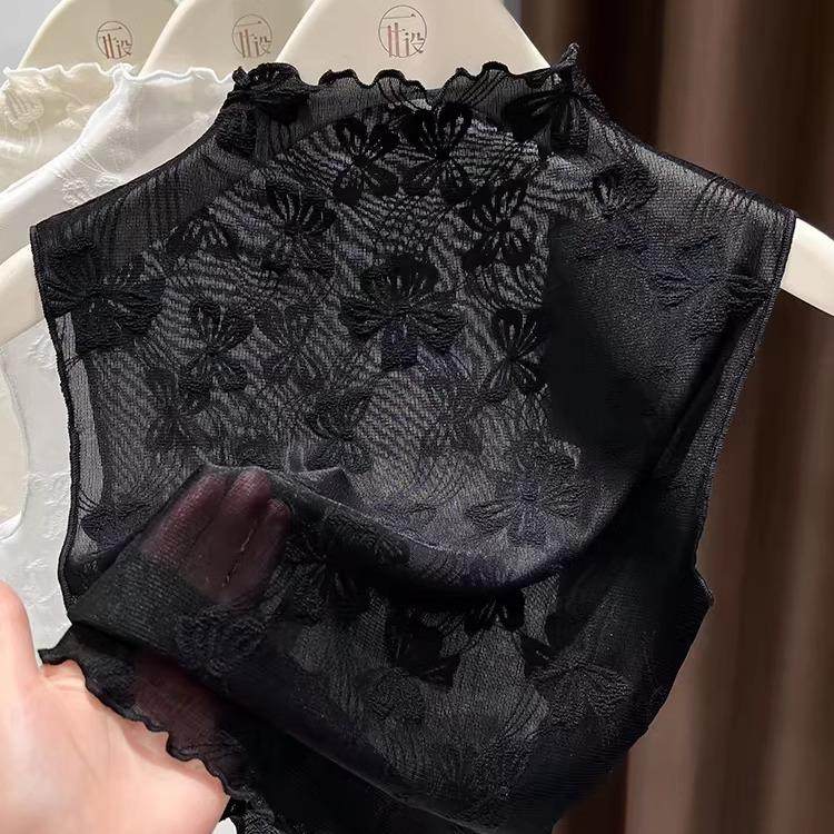 黑色服饰木耳花边蕾丝半高领打底衫女薄款修身无袖背心毛衣内搭