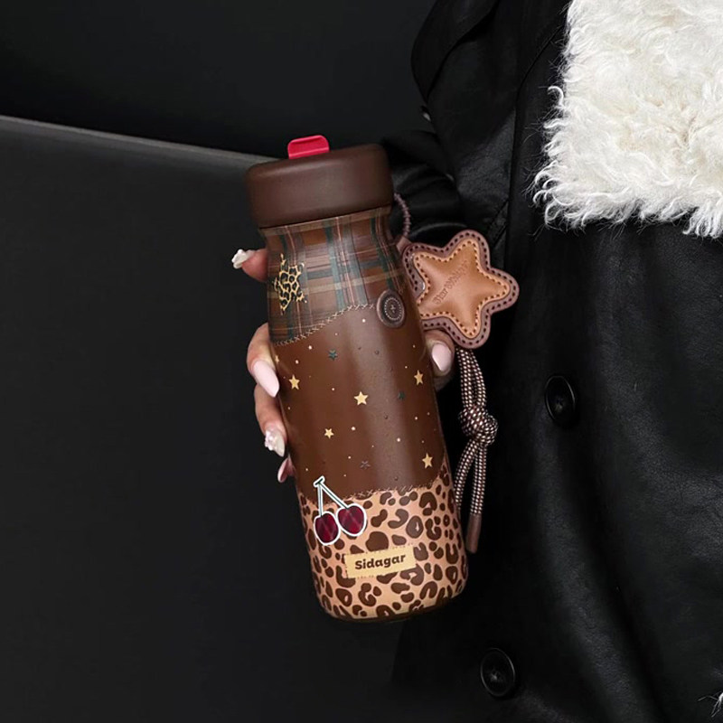 世大家豹纹保温杯女生高颜值吸管水杯学生新款便携杯子外带咖啡杯