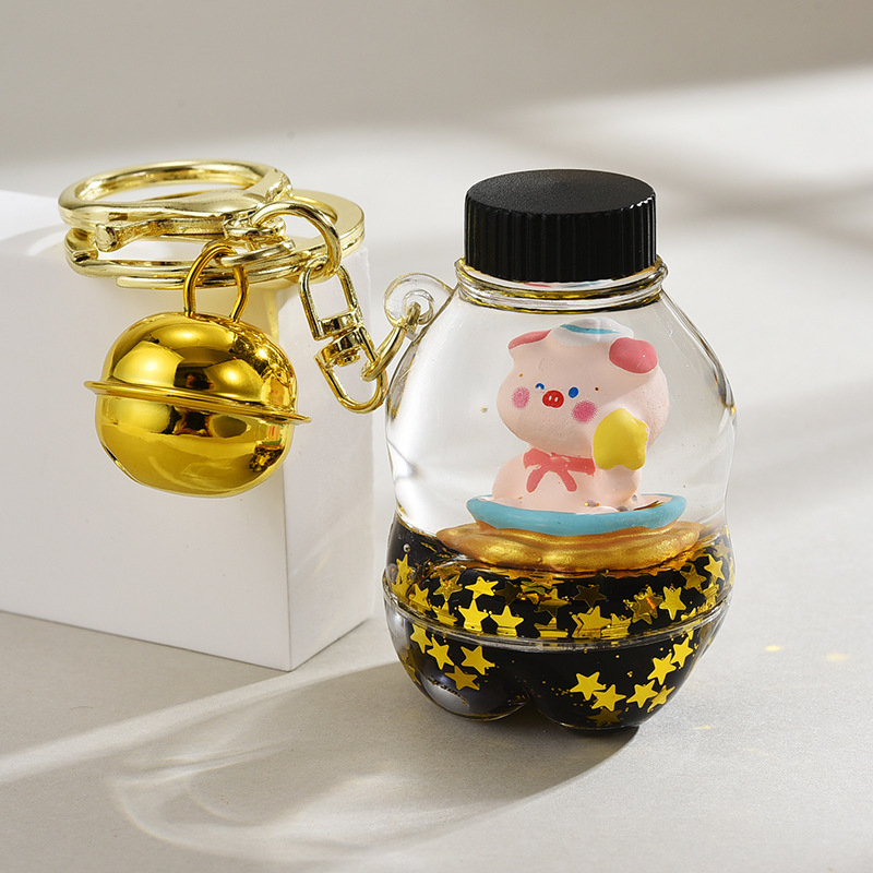 网红流沙瓶挂件黑金入油亚克力可爱小猪钥匙扣情侣包包挂饰小礼品