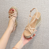 坡跟凉鞋 防滑 百搭真皮松糕厚底高跟露趾罗马女鞋 女夏2025新款 韩版