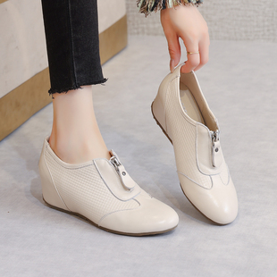 软底软面真皮休闲旅游鞋 小皮鞋 显脚小高跟春秋深口单鞋 内增高女鞋