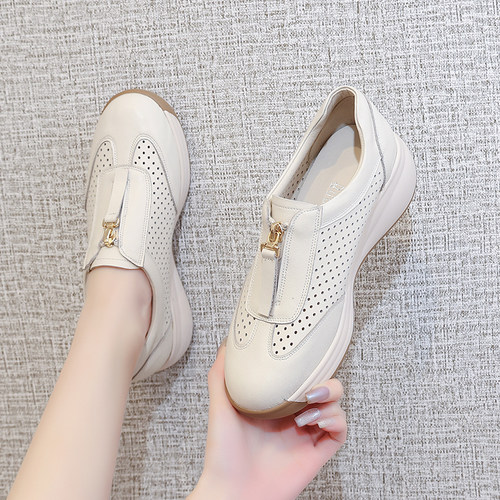 真皮镂空厚底单鞋女舒适不累脚2026春夏新款休闲皮鞋软底坡跟女鞋