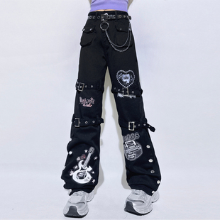 饭粒家 原创设计牛仔裤女直筒音乐节慵懒风宽松阔腿裤潮高街趣味