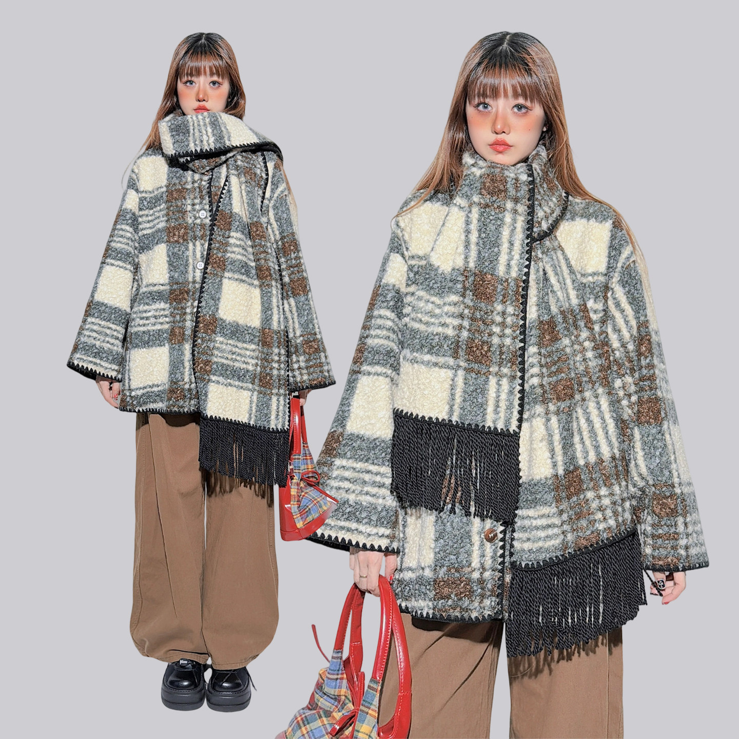 饭粒家 解构主义小众设计感绿色围巾外套一体大衣女披肩外搭两用