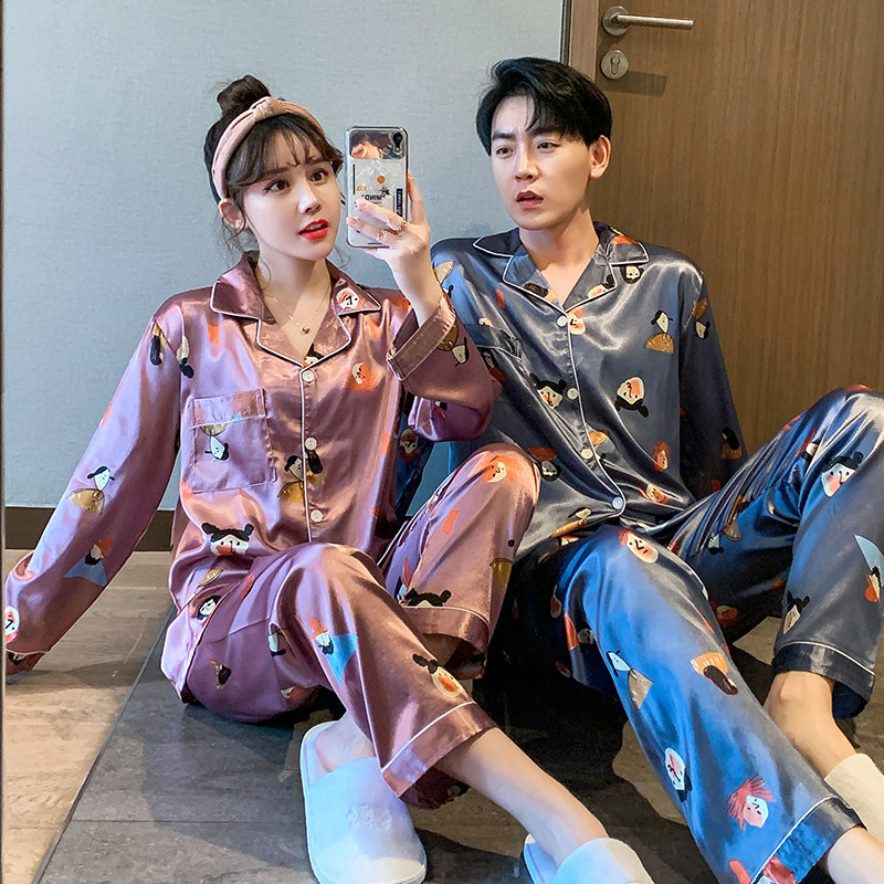 AI Shang's real photos of spring lovers' pajamas men's and women's long sleeve trousers imitation silk ice silk leisure home suit