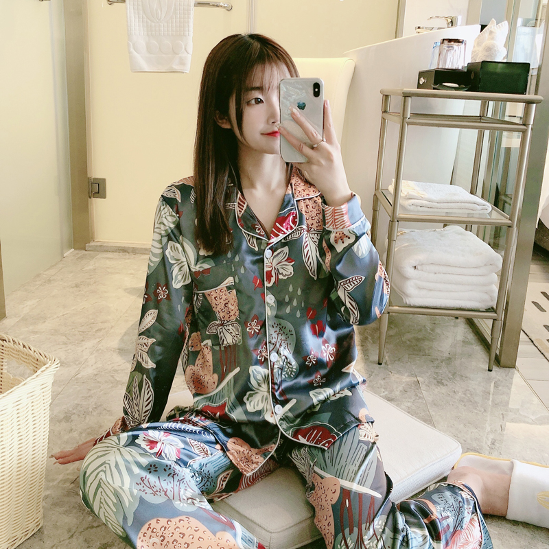 Real shot spring pajamas new ice silk silk imitation silk double length home suit