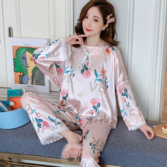 Aishan spring silk like pajamas women's long sleeve Korean loose women's lace home clothes ice silk suit