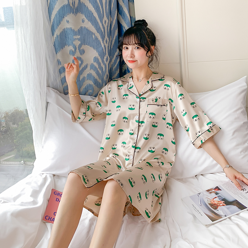 AI Shang's new summer ice silk medium sleeve nightdress sweet cardigan skirt thin breathable comfortable pajamas
