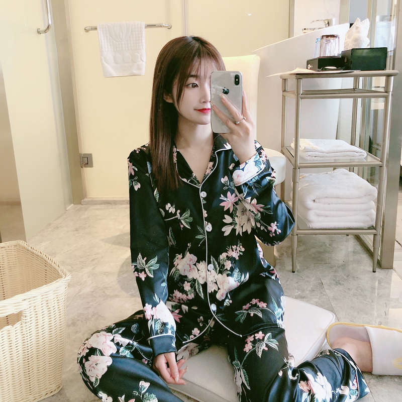 AI Shang's real spring pajamas new ice silk silk imitation silk double long home suit