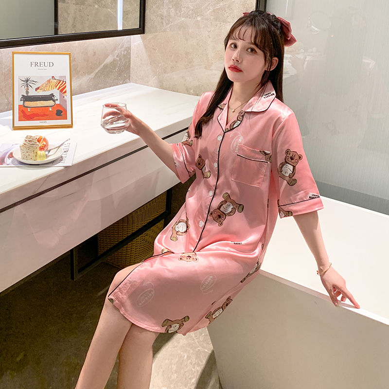 Real shot summer new ice silk medium sleeve nightdress sweet cardigan skirt thin breathable comfortable pajamas