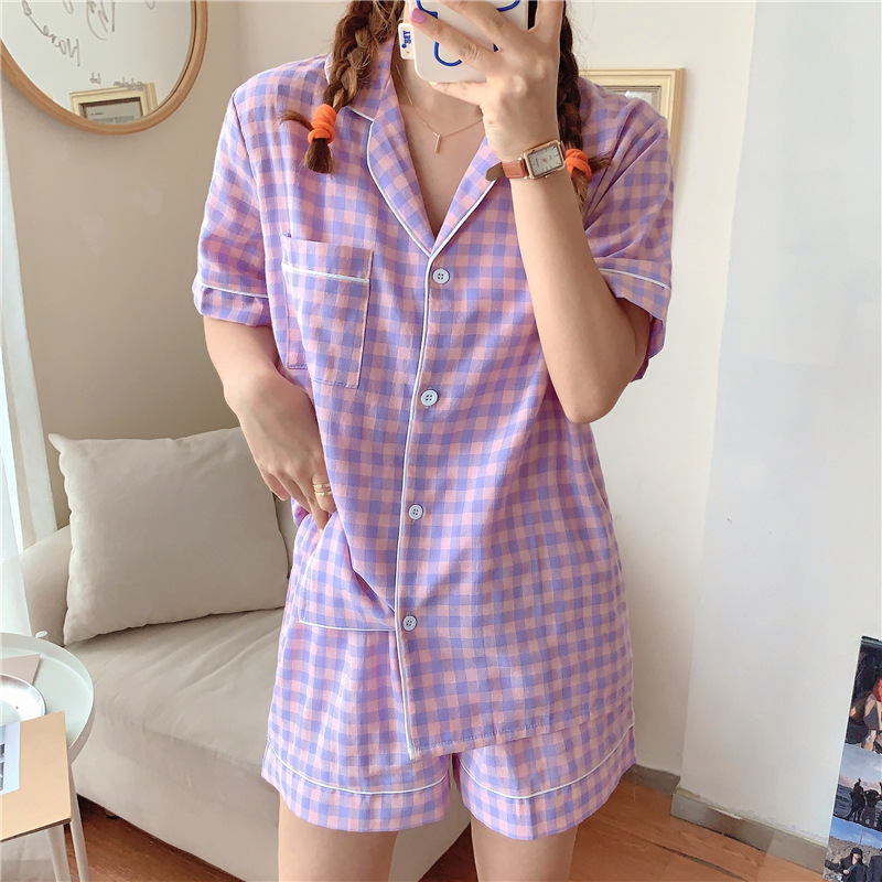 Real shot summer pajamas double short Lapel cardigan Korean student home suit Purple Plaid
