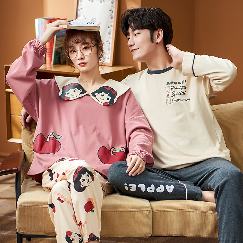 AI Shang's new year combed cotton couple's pajamas with long sleeves and round neck