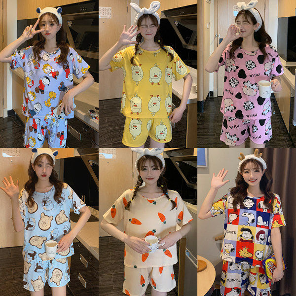 Real shooting summer new pajamas double short leisure suit Sweet cartoon Korean home clothes