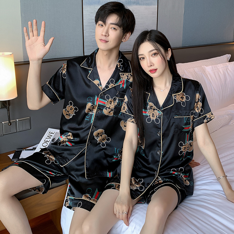 Real black Mickey couple short sleeve summer printed ice silk couple cardigan set fattening home