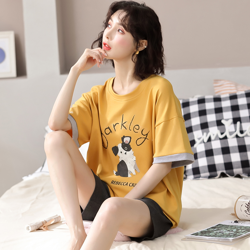Real shooting summer combed cotton couple pajamas Korean version leisure can wear two pieces of home clothes