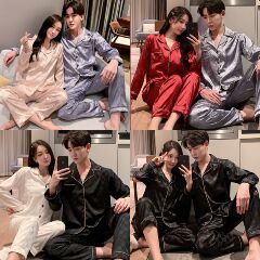 AI Shang's real photo 2021 spring new pajamas couple silk home suit