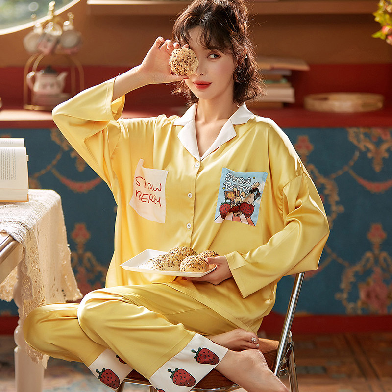 AI Shang's real ice silk pajamas women's spring and autumn long sleeve new leisure large size can wear suit home clothes