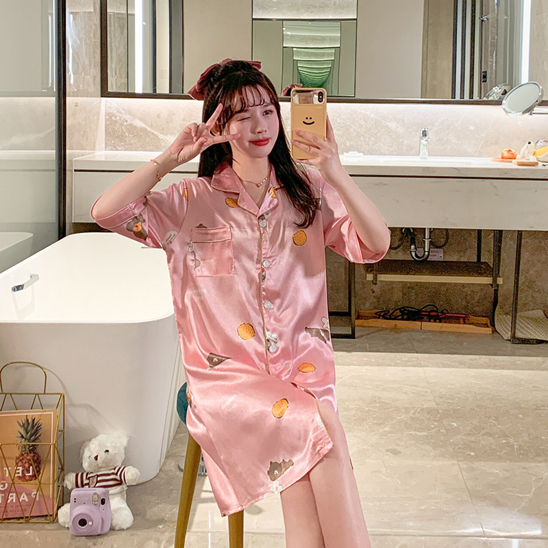 AI Shang's new summer ice silk medium sleeve nightdress sweet cardigan skirt thin breathable comfortable pajamas