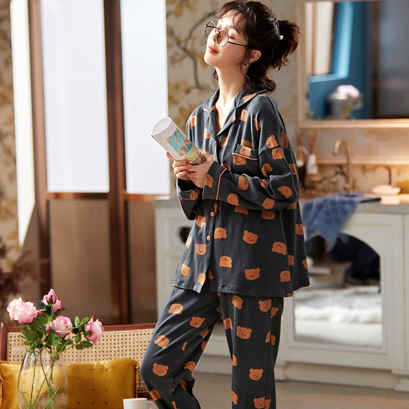 Aishang real photo combed cotton long sleeve pajamas suit women's sweet cardigan princess style home clothes can be worn out