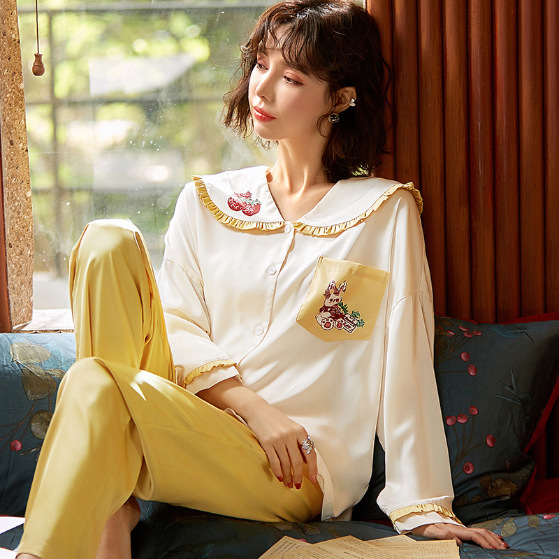 AI Shang's real ice silk pajamas women's spring and autumn long sleeve new leisure large size can wear suit home clothes