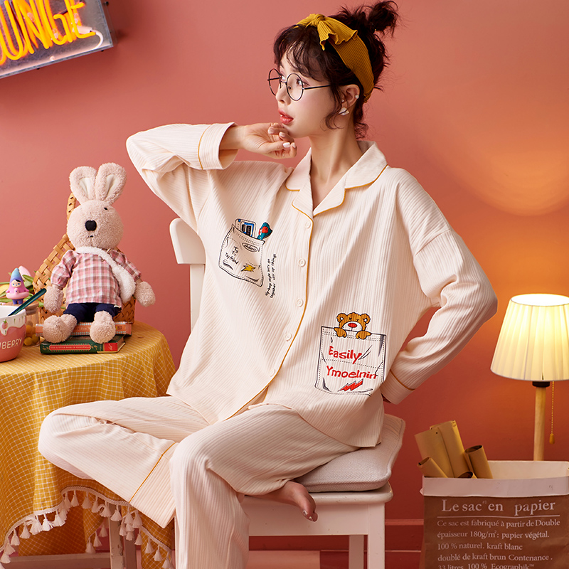 AI Shang's real photo of spring pajamas cotton striped cardigan long sleeve trousers suit Korean simple home clothes