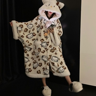 hellokitty豹纹睡衣女秋冬季珊瑚绒加厚凯蒂猫斗篷睡袍浴袍家居服