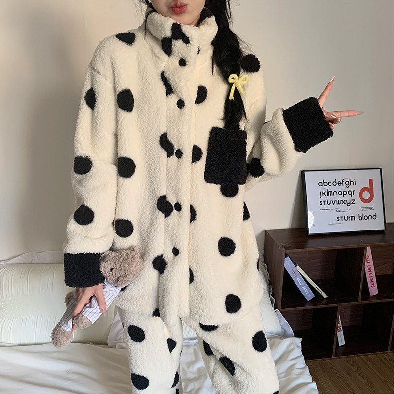 韩版波点毛茸茸天鹅绒睡衣女秋冬季加绒加厚保暖珊瑚绒外穿家居服