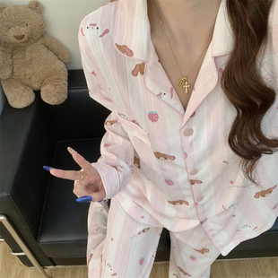 韩版可爱甜点兔提花棉睡衣女款春秋季薄款长袖长裤甜美家居服套装