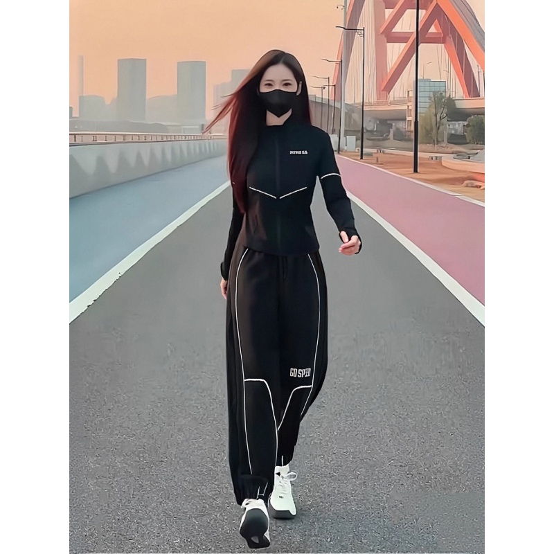 奥莱折扣店撤柜清仓跑步运动服套装女2025年春秋季新款黑色套装潮