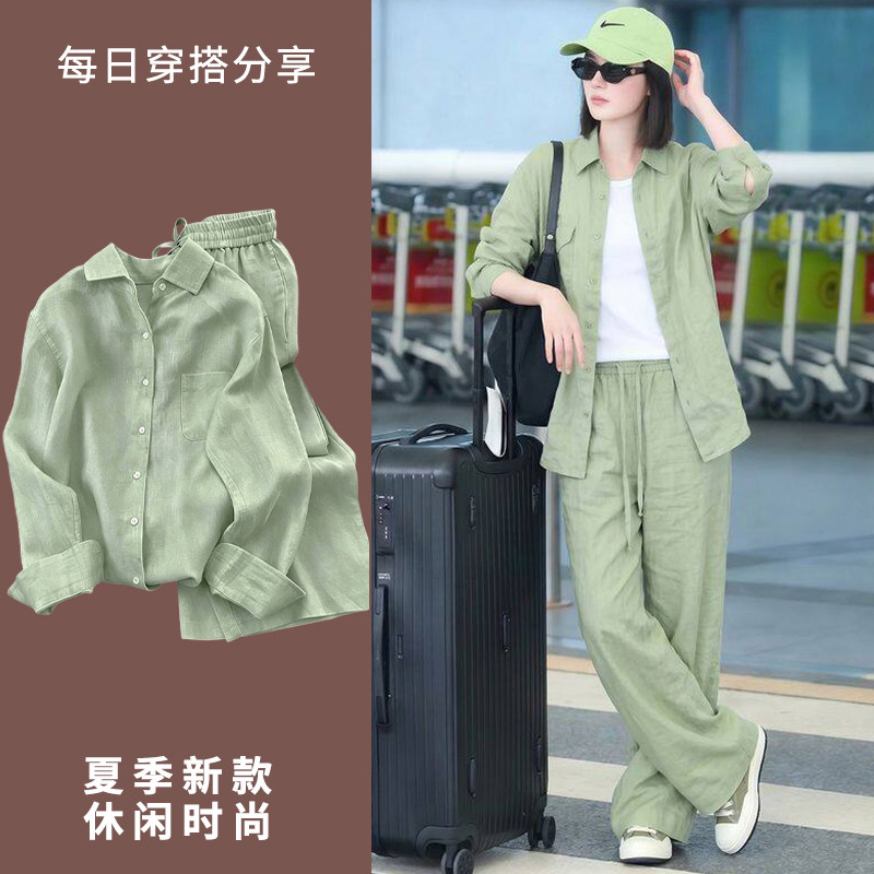 薄荷绿时尚亚麻衬衫套装女图片