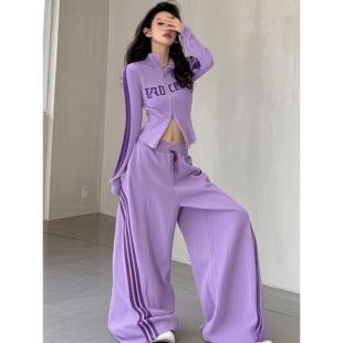 高级感两件套 减龄紫色收腰上衣阔腿裤 奥莱折扣店清仓2026春季 新款