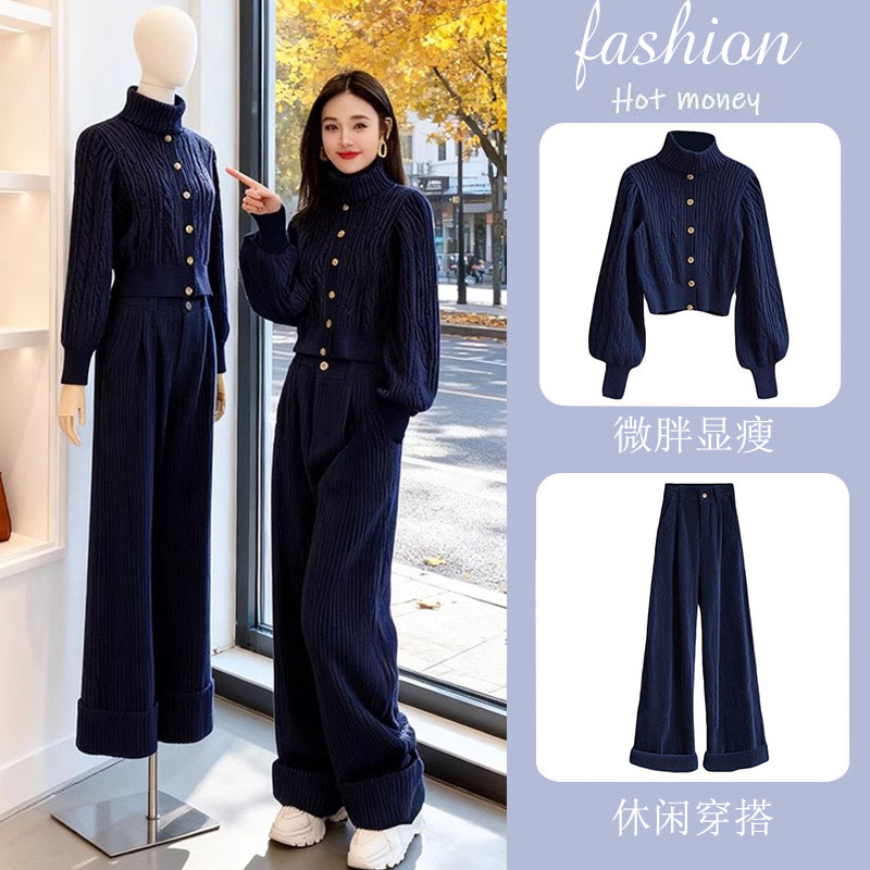 奥特莱斯撤柜清仓捡漏小香风藏蓝色高领毛衣灯芯绒阔腿裤针织套装,女装/女士精品,时尚套装,淘宝优惠券,粉丝福利购,淘宝优惠卷