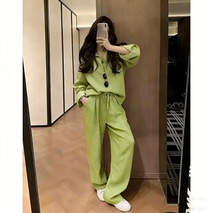 阔腿裤 老钱风亚麻衬衫 衬衫 2026春夏百搭翻领绿色长袖 两件套 套装