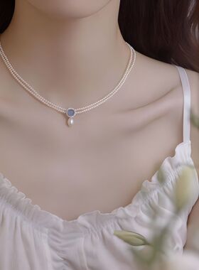 s925天然海蓝宝淡水吊坠施家珍珠项链女爆款双层设计颈链锁骨链