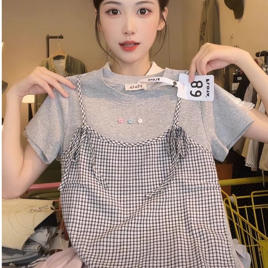 2026年夏季新款短袖T恤女格纹蝴蝶结吊带背心假两件设计正肩上衣